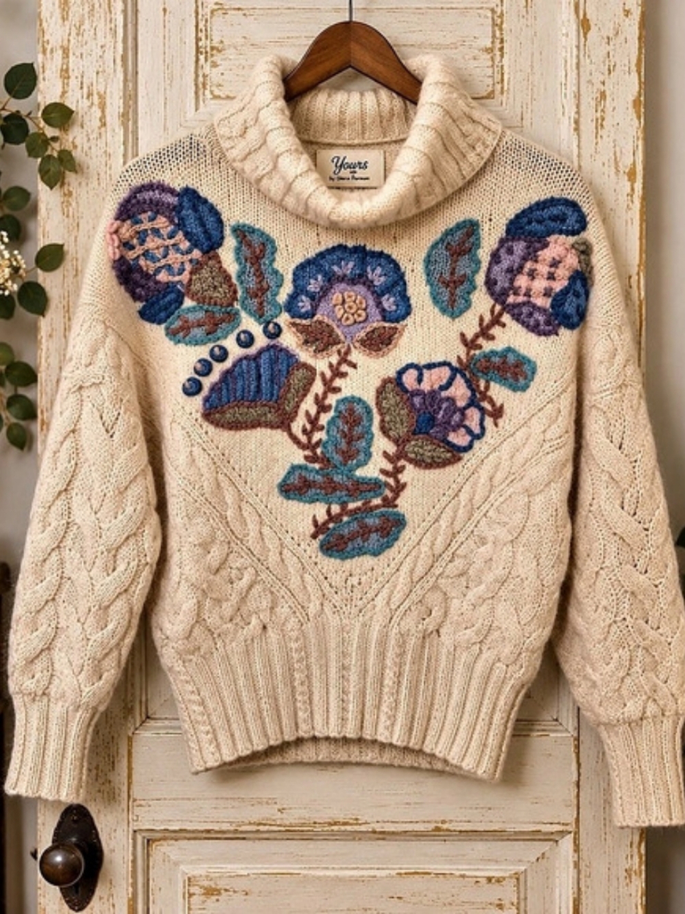 Vintage Gloria Furman 100% Wool Floral Appliqué Cable Knit Sweater L
